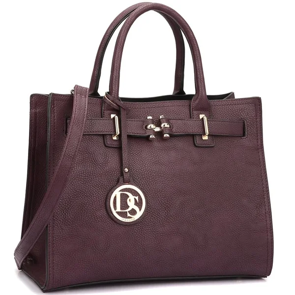 Dasein Women Fashion Belted Satchel Top Handle Handbag Dark Purple