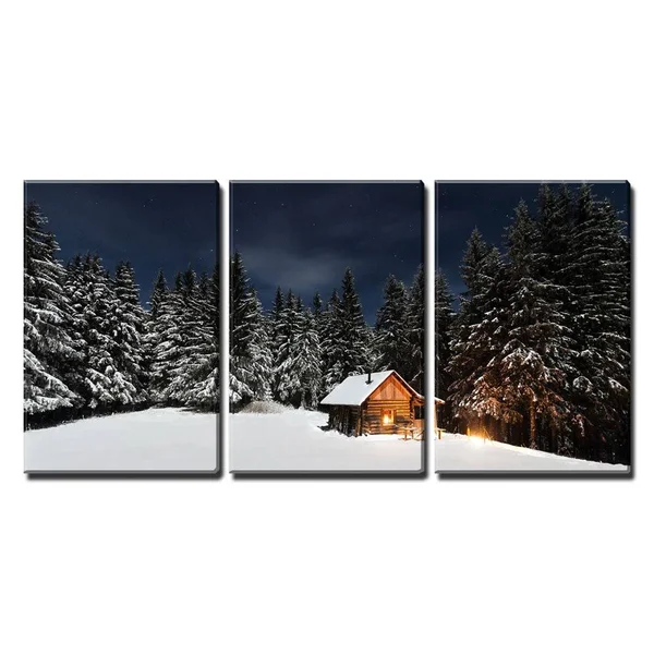 Wall26 - 3 Piece Canvas Wall Art - Snow Covered Pine Tree Forest and Wood Hut in Winter - Modern Home Decor Stretched and Framed