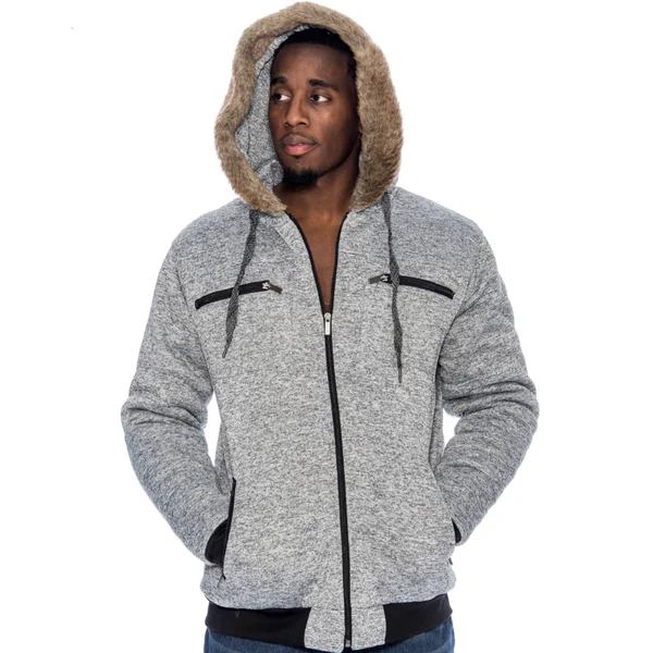 Men's Heavyweight Marled Padded Fleece Lined Hoodie Jacket W/FUR - Black - Medium