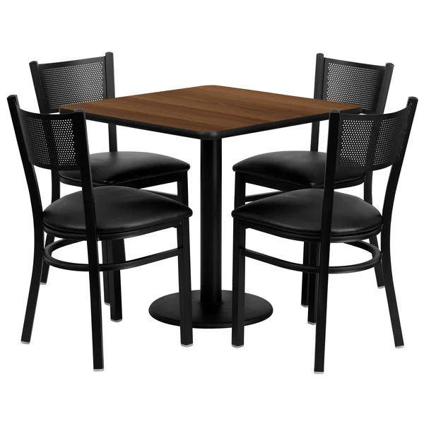 Flash Furniture Laminate Table Set with 4 Grid Back Metal Chairs: Black Vinyl SEAT, Walnut, 30'' Square