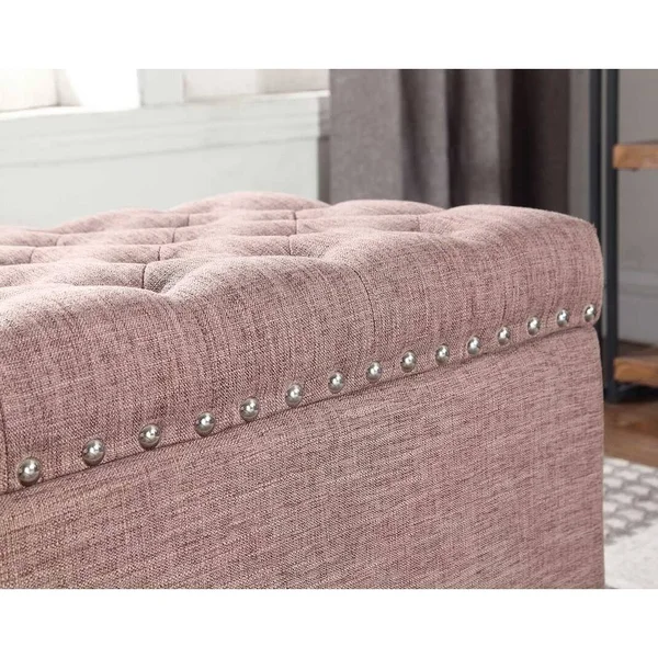 Button Tufted Storage Ottoman with Nailhead, Brown Color