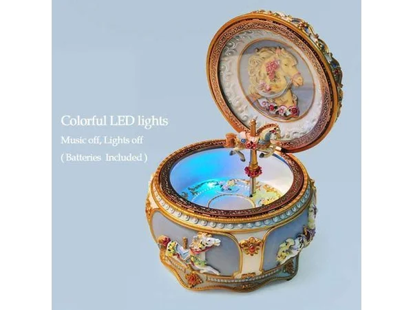 Amperer Classical Carousel Horse Music Box LED Lights Twinkling Resin Carved Collectible Mechanical Musical Box with Sankyo 18-N