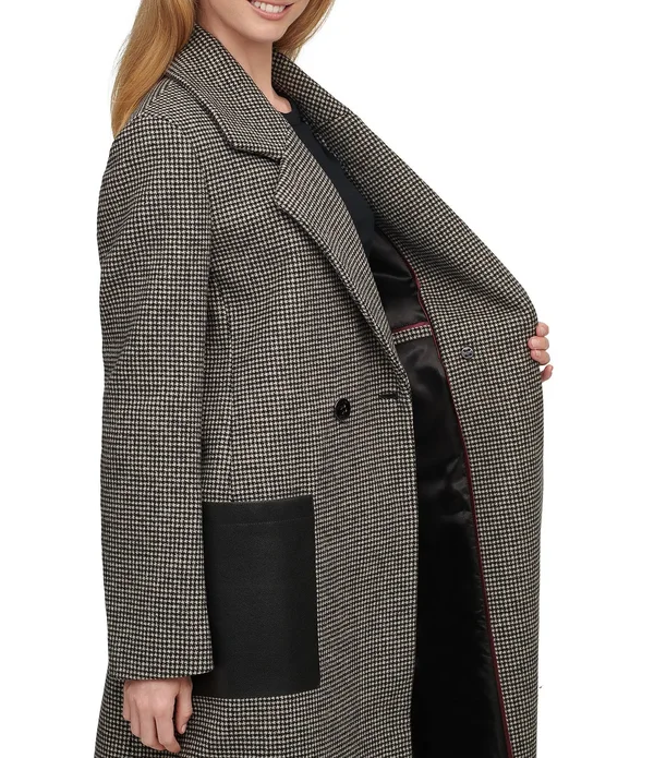 Calvin Klein Double Breasted Plaid Wool Blend Faux Leather Patch Pockets Walker Coat, Womens, XL, Black