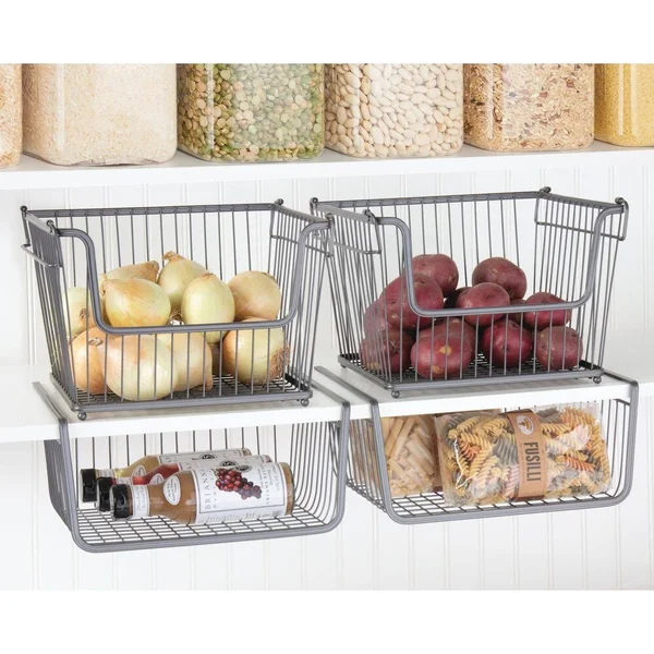 mDesign Modern Stackable Metal Storage Organizer Bin Basket with Handles, Open Front for Kitchen Cabinets, Pantry, Closets, Bed