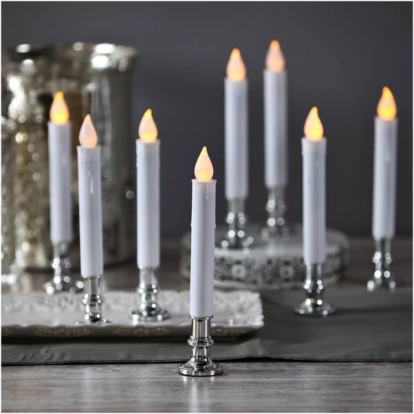 Flameless White LED Taper Candles with Silver Removable Candle Holders Remote Batteries Included Set of 8