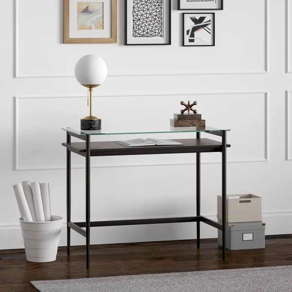 Hennu0026Hart 36x22 Brass Desk with Walnut Shelf