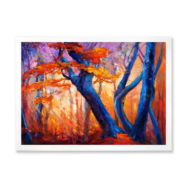 Designart 'Blue Silhouettes of Trees in Orange Autumn Forest' Farmhouse Framed Art Print - 40 in. Wide x 30 in. High - Black