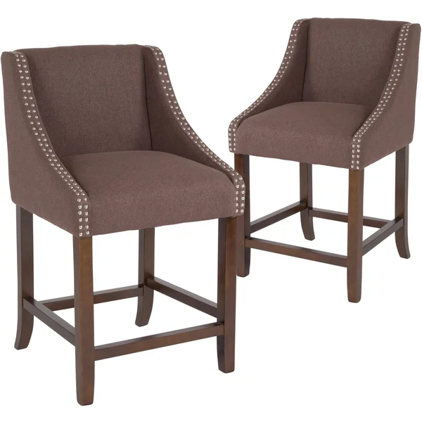 Carmel Series 24x22 High Transitional Walnut Counter Height Stool with Nail Trim in White LeatherSoft - Set of 2