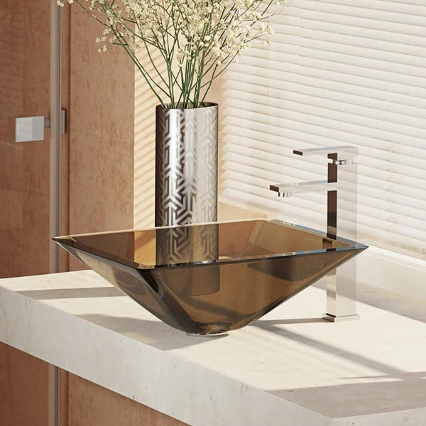 Rene R5-5003-CAS-R9-7003 16-1/2x22 Glass Vessel Bathroom Sink with Vessel Faucet Cashmere, Chrome