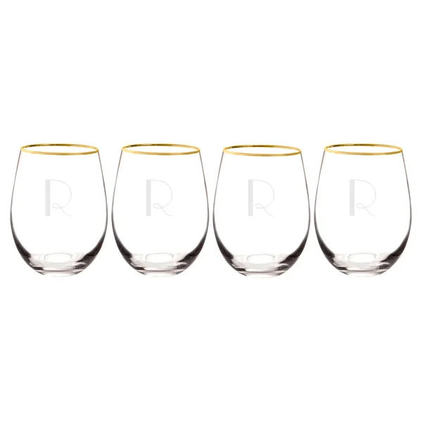 Cathy&s Concepts 19.25oz Monogram Gold Rim Stemless Wine Glasses R - Set of 4