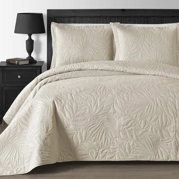 Comfy Bedding Extra Lightweight and Oversized Thermal Pressing Leafage 3-Piece Coverlet Set (King/Cal King, Beige)