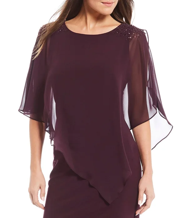 Ignite Evenings Chiffon Asymmetric Overlay Beaded Shoulder Detail Sheath Dress - 14