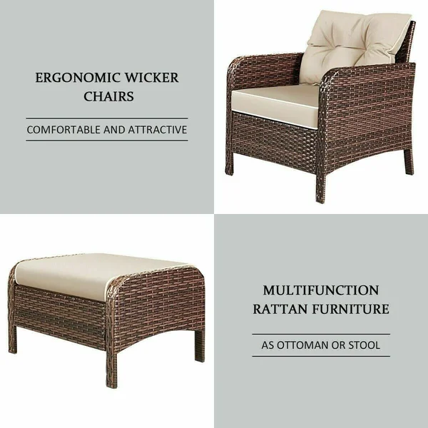 Costway 5 PCS Rattan Wicker Furniture Set Sofa Ottoman with Brown Cushion Patio Garden Yard