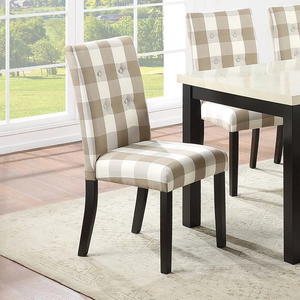 Beige Grid Patterned Fabric Upholstered Side Chairs, Set of 2