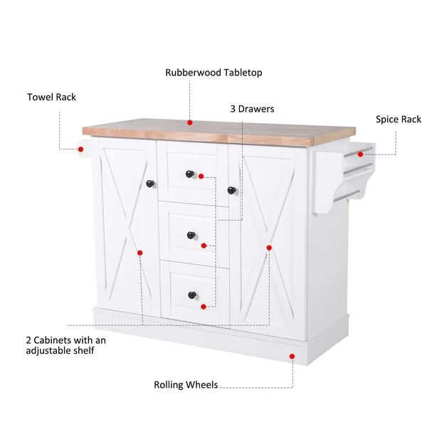 HOMCOM Wooden Mobile Kitchen Island Cart with Drawers and Wheels - White