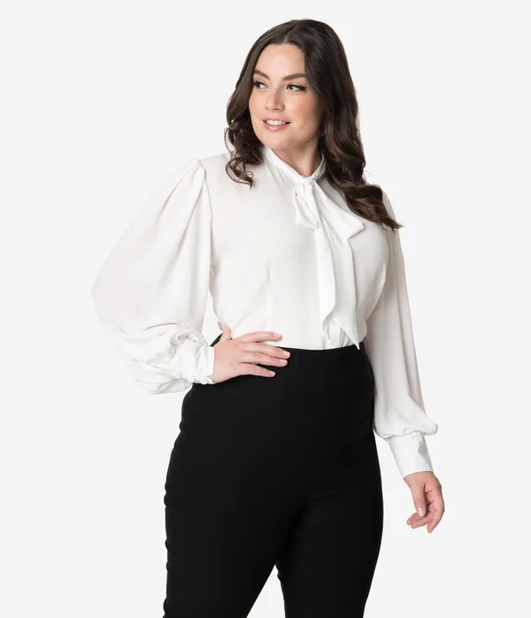 Unique Vintage Plus Size White Neck Tie Gwen Blouse - Size 2X/18