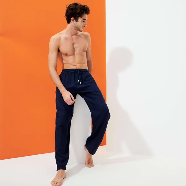 Vilebrequin Men Linen Pants Solid, Style: Pacha - Navy 6XL