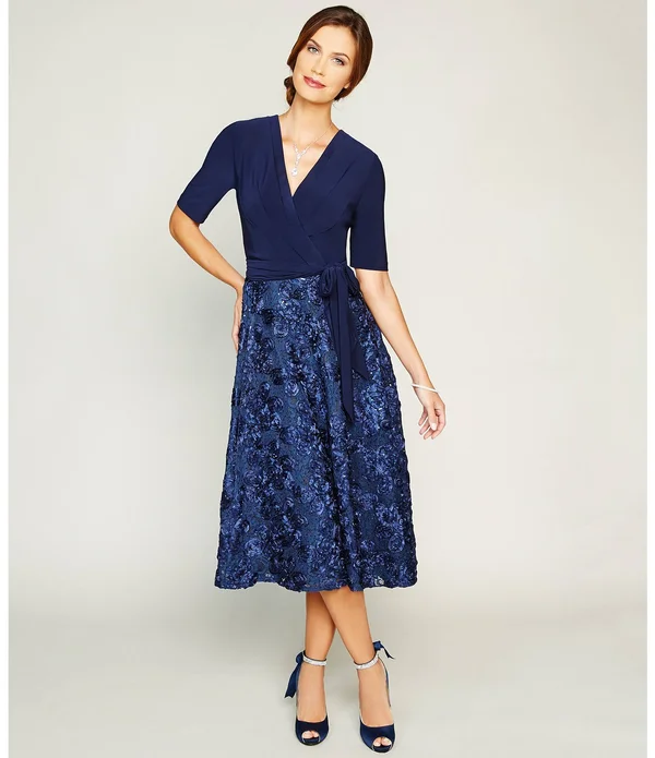 Alex Evenings Women's Rosette Tea-Length Dress - Blue 16
