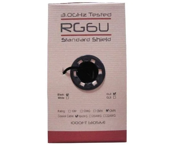RG6 Coaxial Cable, 18 AWG BC, 100% Al Foil + 60% Al Braid, CMR Black