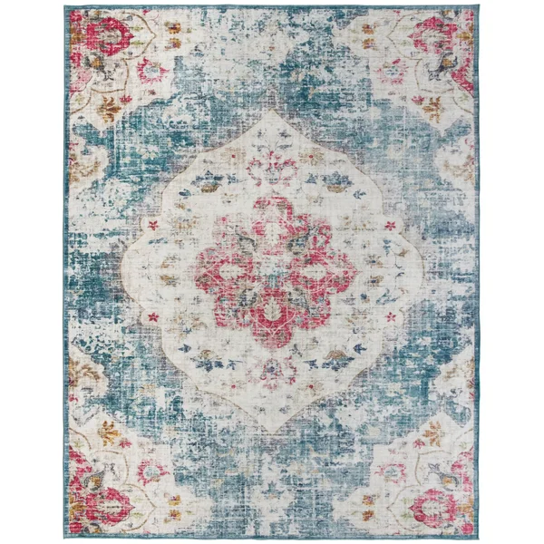 Machine Washable - Vintage Distressed Bohemian - Light Blue - 4& x 6& - 4& x 6& (Blue, Pink, Ivory)