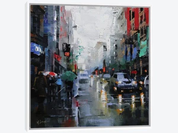 Framed Canvas Art (White Floating Frame) - St. Catherine Street Rain by Mark Lague ( places > North America > United Sta