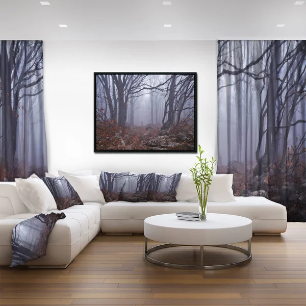 Designart 'Dark Foggy Forest in Autumn' Landscape Photography Framed Canvas Print - 20 in. Wide x 12 in. High - Black
