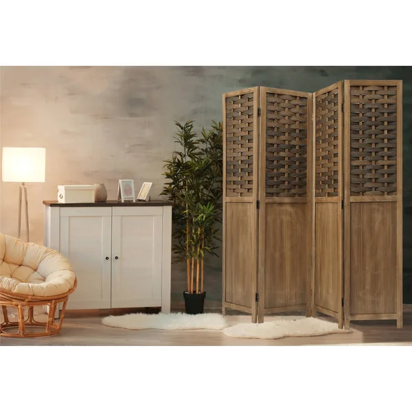 COZAYH 4-Panel 67x22 Half Shading Paulownia Solid Wood Frame Room Divider Privacy Screen - Light Brown