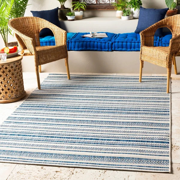 Rikard Indoor/ Outdoor Navy Blue Coastal Stripe Area Rug - 6&7x22 x 9&