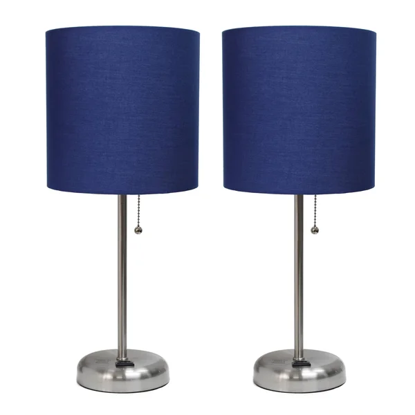 Limelights Brushed Steel Stick Lamp with Charging Outlet and Fabric Shade 2 Pack Set - Navy
