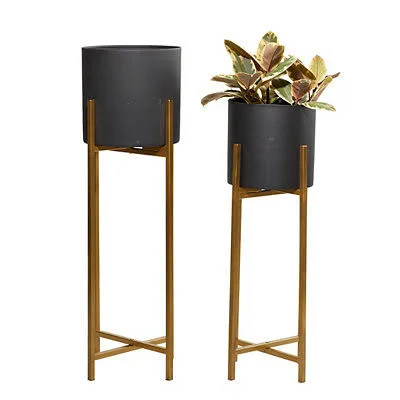 Matte Black Metal Planters with Stands - Set of 2