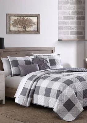 Twin 5pc Buffalo Plaid Quilt Set Gray/White - Geneva Home Fashion