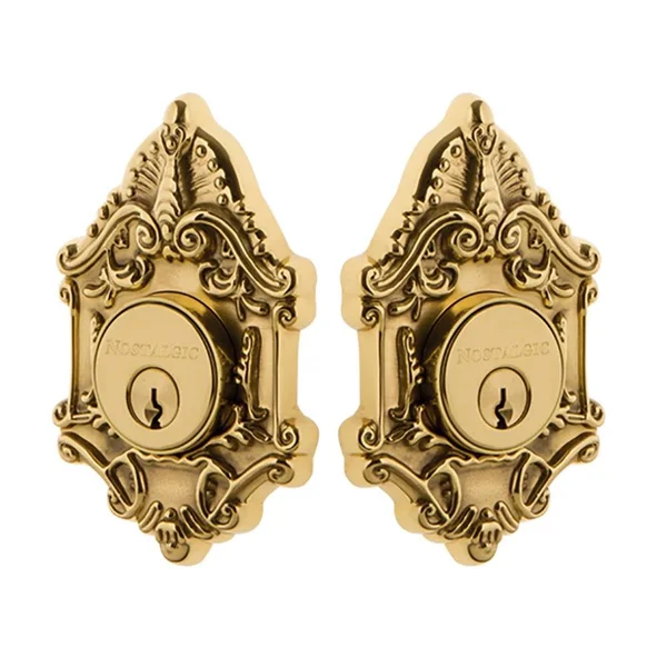 Nostalgic Warehouse Victorian Plate Double Cylinder Deadbolt in Polished Brass 733019