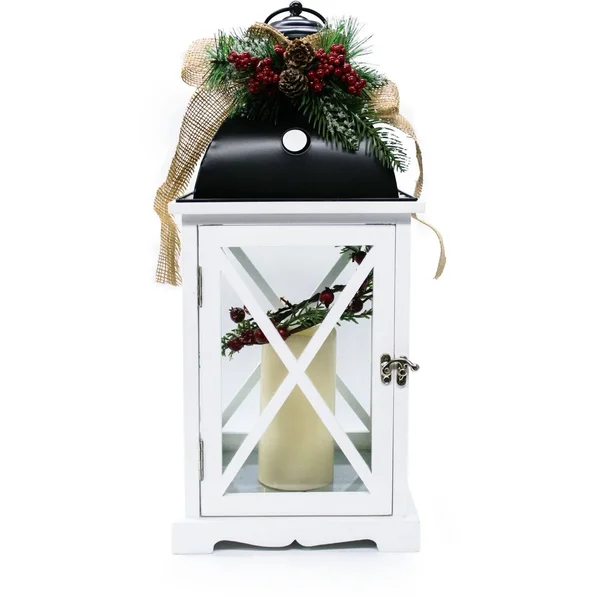 Fraser Hill Farm Tartan Christmas 5-Piece Decorating Kit: Frosted Wreath - Lightly Frosted Tree, Pre-Lit Lantern, Sleigh, and Gif