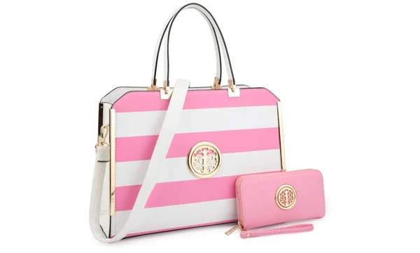Dasein Striped Faux Leather Briefcase with Matching Wallet - Women's, Size: 14.5, Pink