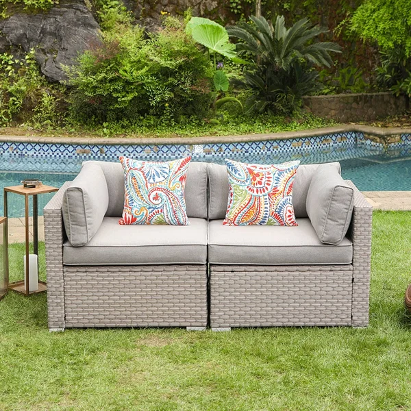 Cosiest 2-Piece Outdoor Furniture Loveseat Wicker Sectional Sofa Set with Pillows - Warm Grey