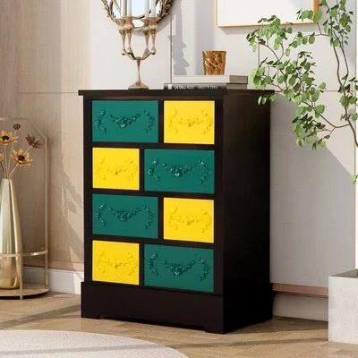 Retro 8-Drawer Apothecary Chest with Elegant Flower Carving for Livingroom, Entrance Bungalow Rose