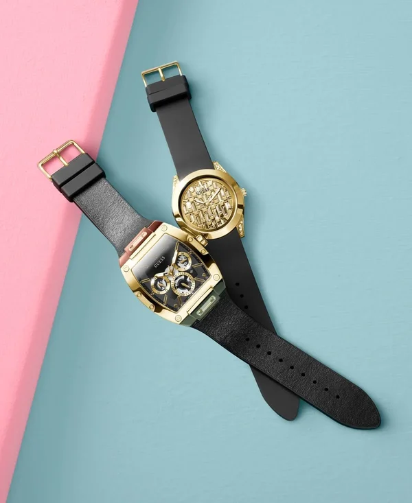 Guess Men's Black and Gold-Tone Square Multifunction Watch - Black