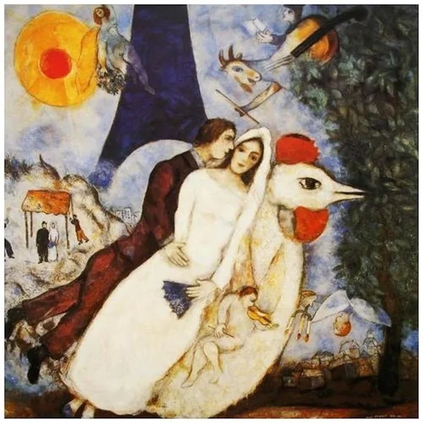Buy Art for Less &Les FIANCES De La Tour Eiffel& by Marc Chagall Painting Print on Wrapped Canvas Size: 36x22 H x 36x22 W x 1.5x