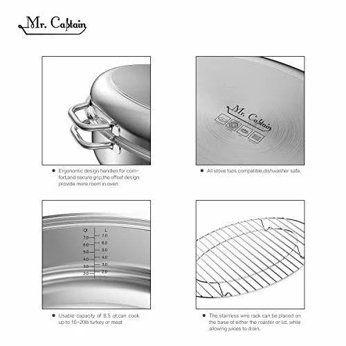 Mr Captain Roasting Pan with Rack and Lid 8.5 Quart - 18/10 Stainless Steel Multi-Use Oval Roaster, Induction Compatible Dishwasher