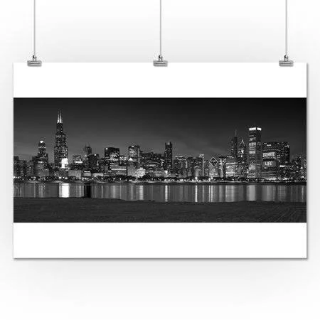 Chicago Panoramic Skyline Black and White Photography A-90348 (24x36 Giclee Gallery Print - Wall Decor Travel Poster), Size: 24 i, 36 x 24 in