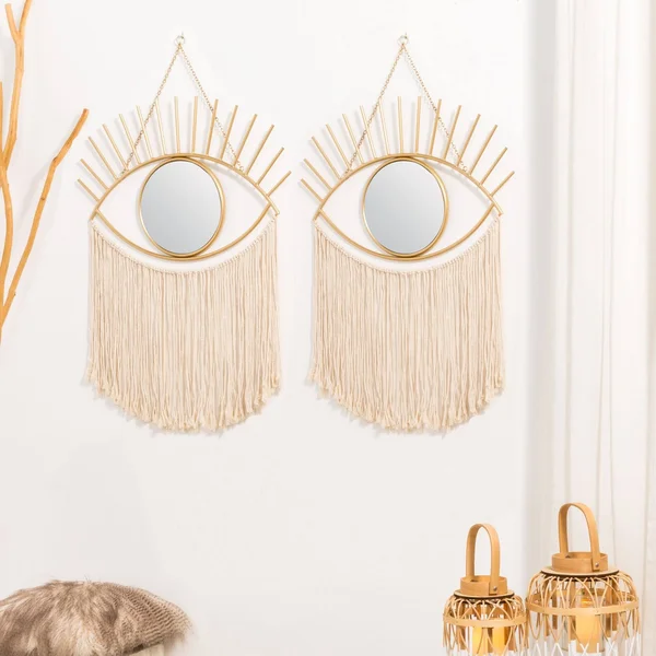 Glitzhome 37.50x22H Regency Modern/Boho Metal Eye Mirror with Tassels Hanging Decor - Two Gold