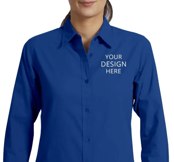 Custom Embroidered Port Authority Women's Dress Shirts - Ladies Long Sleeve Easy Care Shirt (S - 6XL) - Size: L, Mediterranean