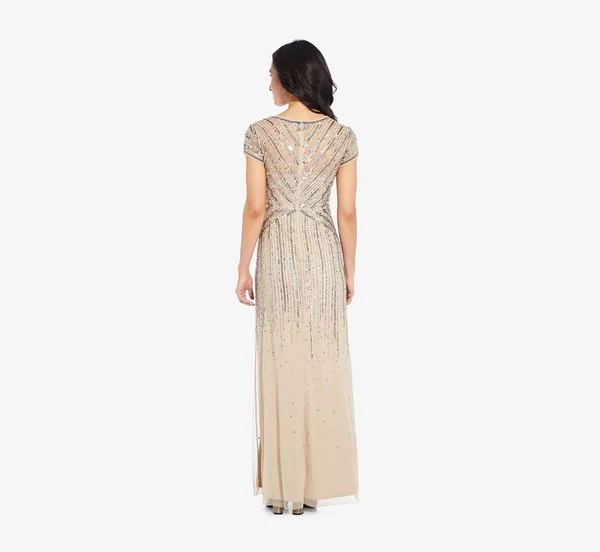 Adrianna Papell Long Beaded Dress - Beige, Size: 20