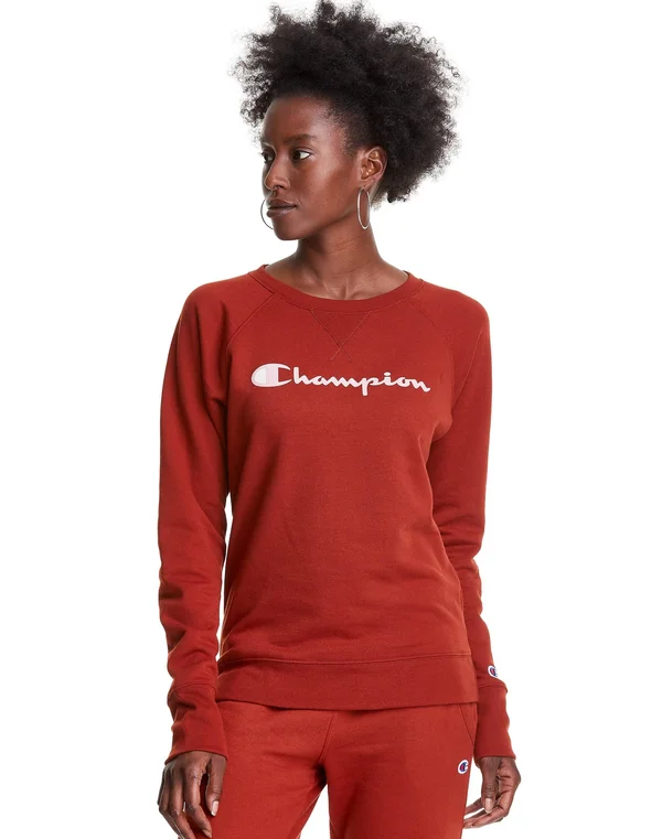 Champion Women's Athletics Powerblend Fleece Classic Crew - Script Logo Warm Cinnamon Brown Xs