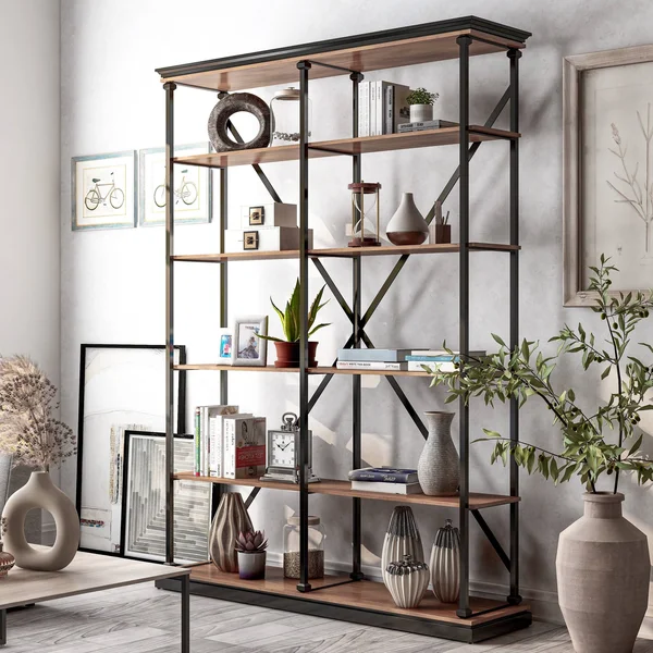 Furniture of America Marcin Transitional Metal 58x22 5 Layer Bookcase - Dark Oak