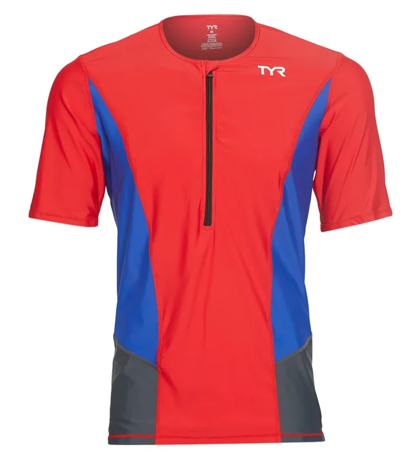 TYR Tsscom6a Men's Competitor Short Sleeve Top - Red/Blue/Grey - M