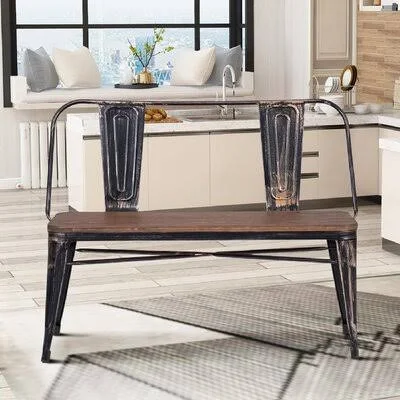Rustic Vintage Style Distressed Dining Table Bench with Wooden Seat Panel and Metal Backrest & Legs Williston Forge