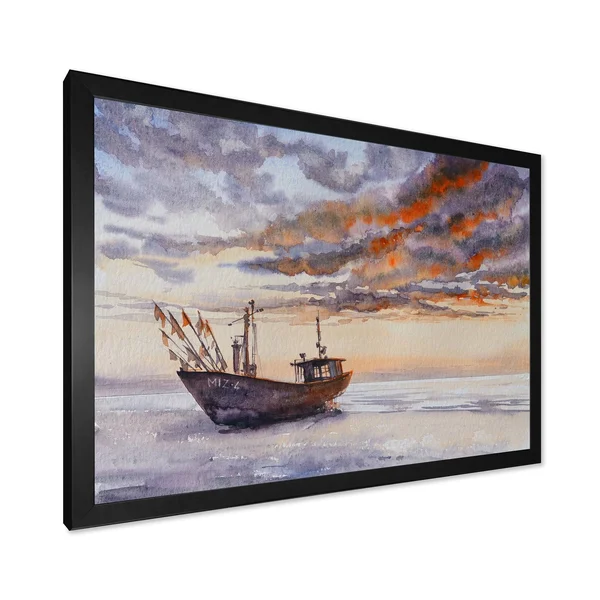 Designart &Wooden Fishing Boat on The Baltic Shore& Nautical & Coastal Framed Art Print - 32 in. Wide x 24 in. High - Black