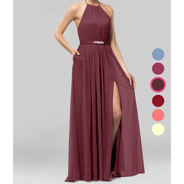 Azazie A-Line/Princess High Neck Floor-Length Mesh Bridesmaid Dresses - Cabernet