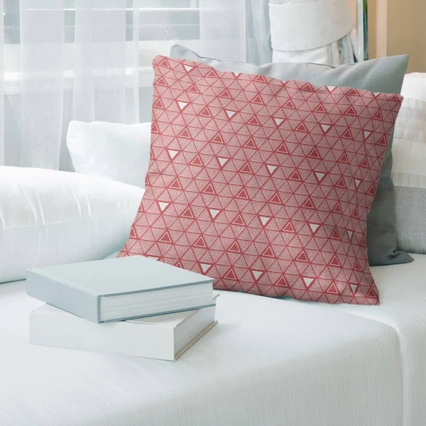 Warm Tones Classic Hand Drawn Triangles Throw Pillow - 14 x 14 - Red - Linen